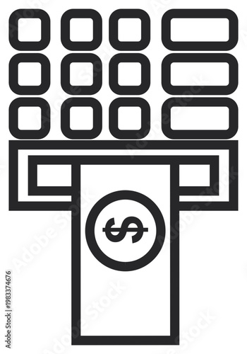 Black line vector icon illustration of an automated teller machine ATM dispensing a dollar bill from a cash slot with a keypad, representing banking, finance, currency, and cash withdrawals.