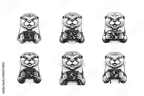 Cute Otter Photographer Vector Illustration, Sea Otter Holding a Camera, Funny Animal Mascot Character Design
