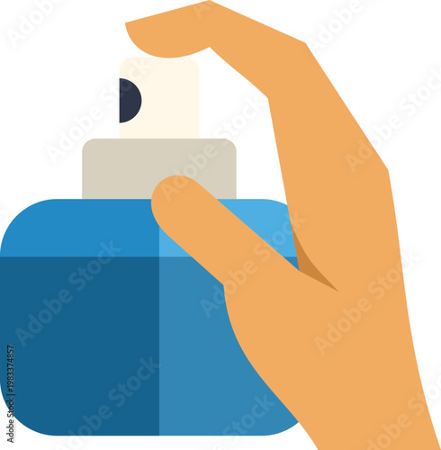 Hand holding a blue spray bottle releasing liquid mist for personal hygiene