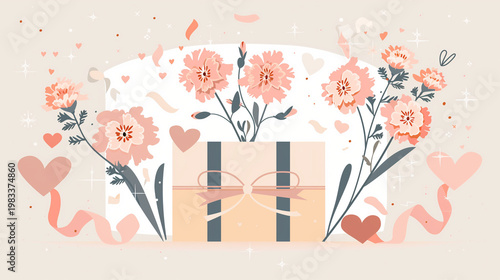 母の日のかわいいフラットイラスト（カーネーション・花束・ギフト・女性向け）