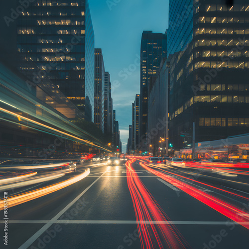 Blurred vehicle headlights and taillights form colorful streaks on an urban road at twilight.
