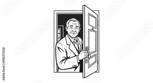 Friendly man in suit opens door, gesturing welcome with a smile
