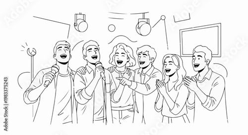 Friends joyfully singing together at a karaoke party with stage lights