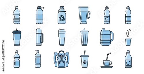 Assorted drinking containers in minimalist style on black