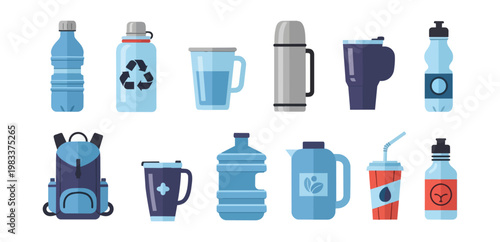Assorted drinking vessels and containers illustration on black background