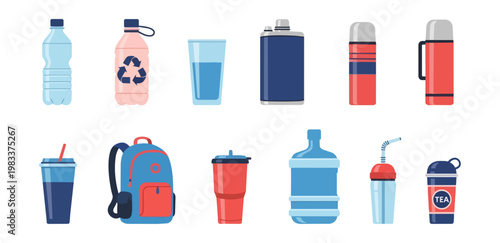 Assorted drinking vessels and containers collection on black background