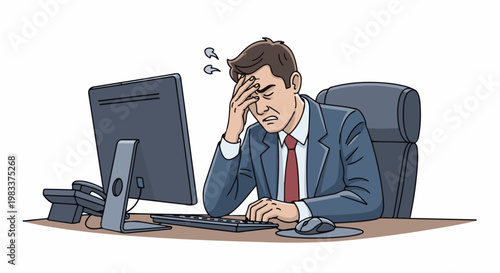 Frustrated businessman holding head in hand at computer desk