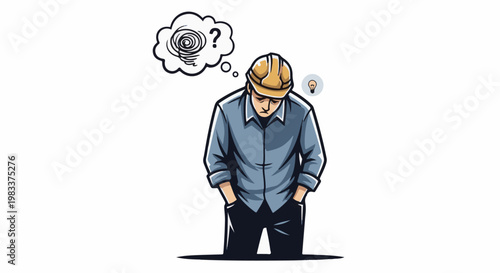 Frustrated construction worker with thoughts of confusion and a dim idea