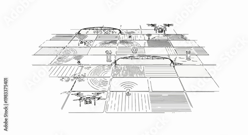 Futuristic farm with drones and sensors on checkered fields