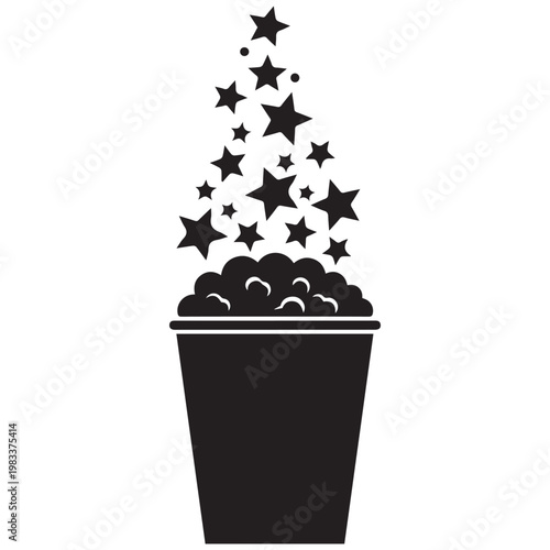 Black popcorn bucket with stars, movie night icon, cinema symbol, vector graphic