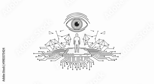 Futuristic eye observes human figure on circuit board with connected nodes