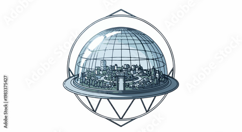 Futuristic enclosed city under a geodesic dome structure