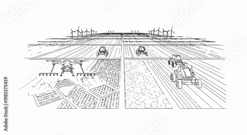 Futuristic farm with autonomous tractors, drones, and wind turbines