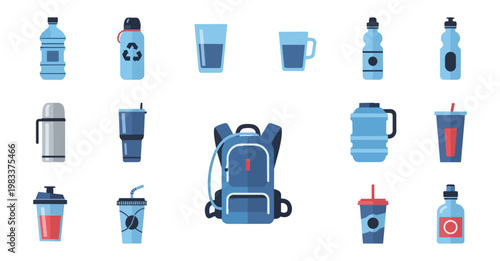 Collection of hydration containers and backpack on black background