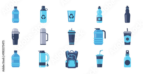 Collection of various water bottles and containers displayed against a dark backdrop