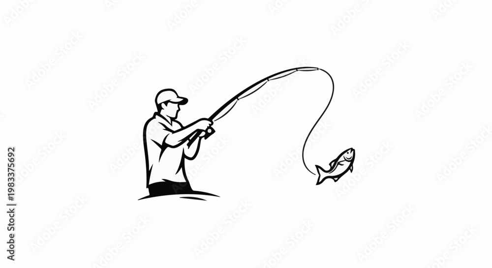 Fototapeta premium Fisherman reels in a leaping fish caught on a line