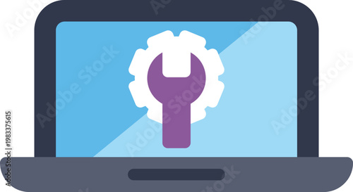 Laptop displaying a wrench and gear icon, representing repair and service