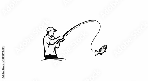 Fisherman reels in a leaping fish caught on a line