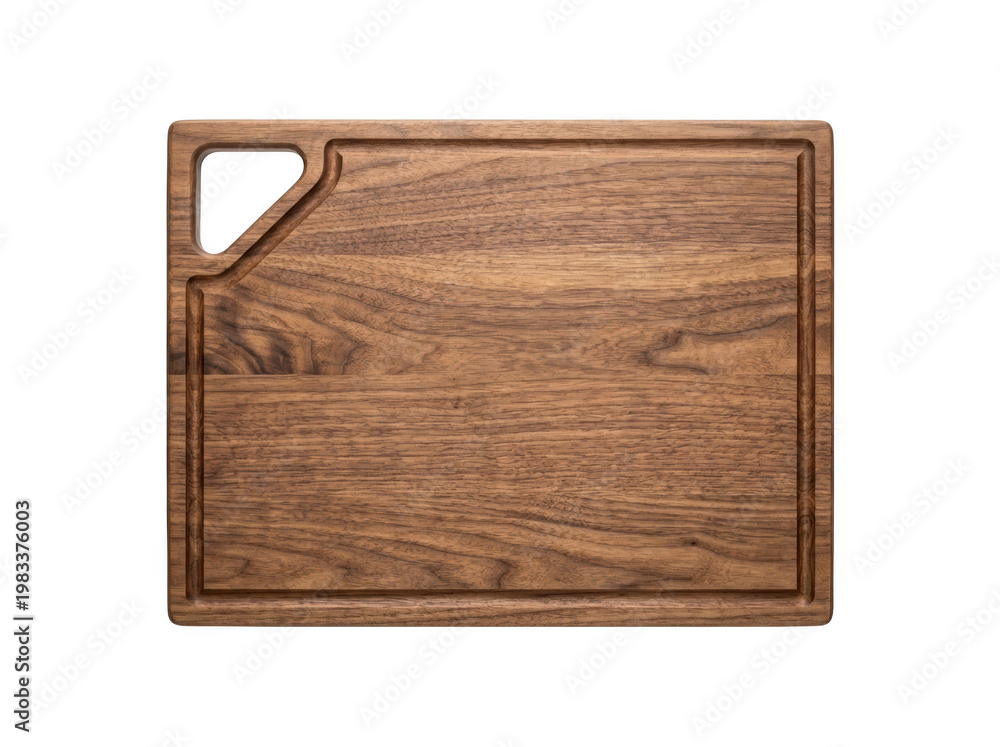 Fototapeta premium Dark brown wooden cutting board with a handle isolated on black background wooden board