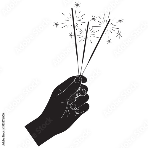 Fireworks, sparklers, hand holding, black silhouette, celebration icons