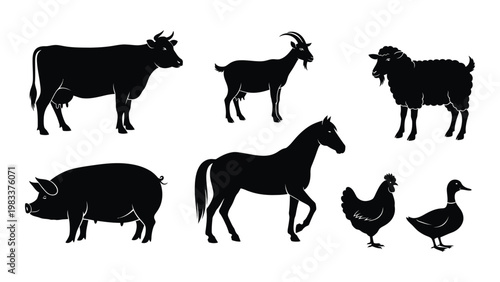 A collection of black silhouette farm animals including a cow goat sheep horse pig chicken and duck
