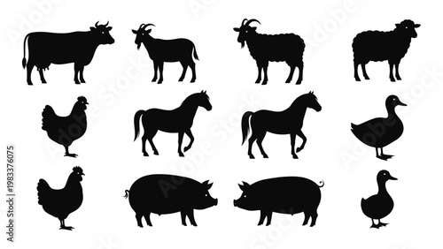 A collection of black silhouette farm animals including cows goats sheep horses pigs and poultry