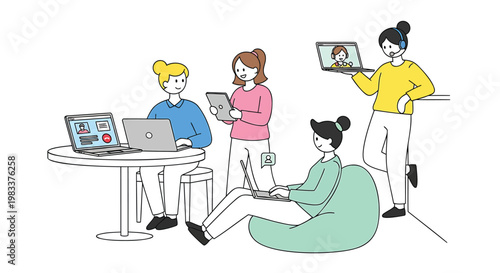 People working together, office coworkers, laptop users, teamwork collaboration, flat illustration