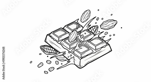 Dynamic illustration of a breaking chocolate bar with scattered cocoa beans and pieces