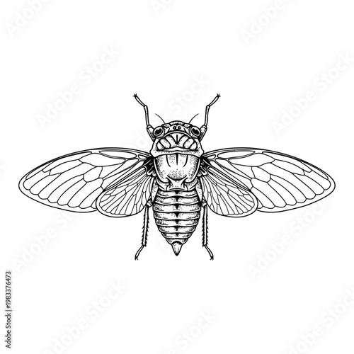 An intricately detailed black and white illustration of a cicada insect, showcasing its delicate wings and segmented body in exquisite detail