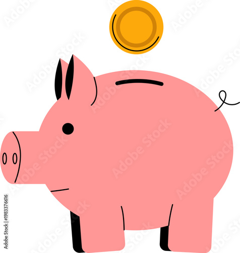 A simple flat illustration of a pink piggy bank with a gold coin hovering above the slot. A clean, minimalist concept representing savings, finance, and investment.