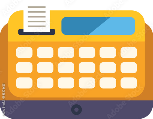 Yellow cash register machine with a screen and keyboard printing a receipt