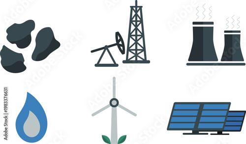 A set of flat icons representing various energy sources, including coal, oil rigging, nuclear power, natural gas, wind turbines, and solar panels.