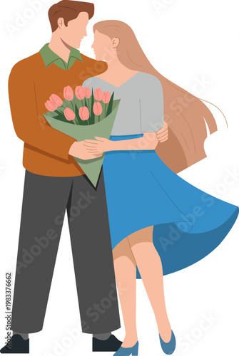 Flat illustration of a romantic couple standing together. The man holds a bouquet of flowers and a gift, while the woman holds a single flower. Warm and cozy atmosphere.