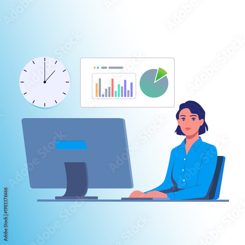 A flat vector illustration of a professional woman working at a computer, featuring a clock and a dashboard with data charts. A concept of business and data analysis.
