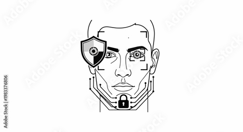 Digital facial recognition with security shield and lock icon