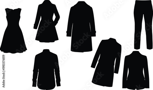 Fashion and apparel silhouette collection, set of seven black vector outlines featuring elegant dresses, winter overcoats, professional blazers, and trousers isolated on white.