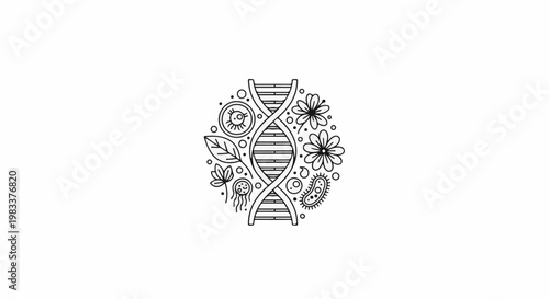 DNA helix intertwined with diverse life forms and botanical elements