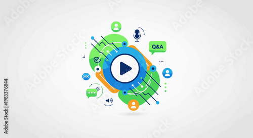 Digital interface with play button, Q&A, chat, and user icons