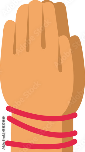 Human hand bound at the wrist by red string, symbolizing restriction and control