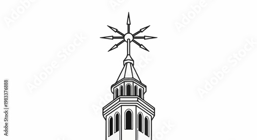 Detailed line art of an ornate spire with a starburst finial