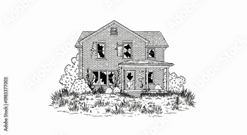 Dilapidated two-story house with broken windows and overgrown vegetation
