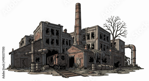 Dilapidated industrial complex with broken windows and overgrown vegetation