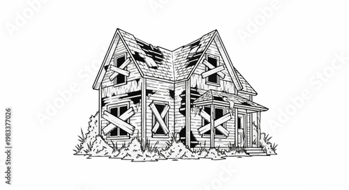 Dilapidated wooden house with boarded windows and damaged roof