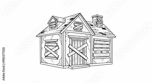 Dilapidated wooden structure with boarded windows and doors
