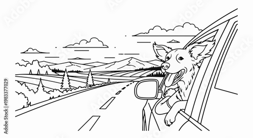 Dog enjoys a scenic drive with tongue out, head out car window