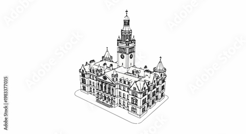 Detailed line drawing of a grand, historic building with a central clock tower