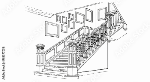 Detailed line drawing of a grand staircase with ornate banisters and framed art