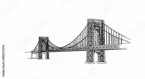 Detailed line drawing of a grand suspension bridge spanning a vast expanse