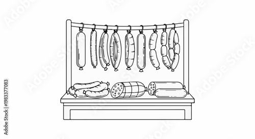 Display of various sausages hanging and resting on a counter