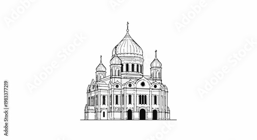 Elaborate sketched cathedral with domes and crosses, detailed facade